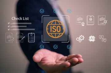 Businessman presents an ISO certification solution using a virtual interface. It features a global standard icon, audit checklists, compliance documents, and AI for quality management.