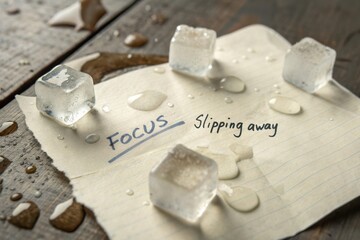 Focus Slipping Away with Ice Cubes on Water-Stained Paper and Rustic Wooden Background in Soft Natural Light