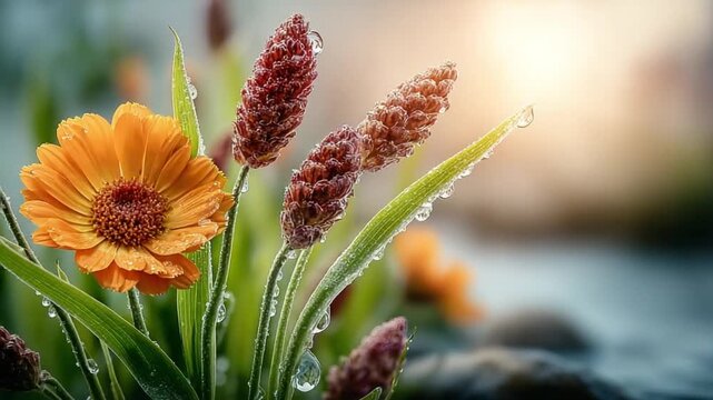 Floral Bloom in Nature's Embrace: A close-up shot showcases an intricate dance of vibrant orange flower and delicate blossoms, captured with precision, showcasing the marvels of nature's artistry.