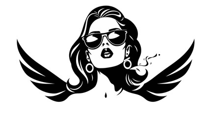 Stylish woman with sunglasses and wings, smoking with an attitude in a black and white vector illustration.