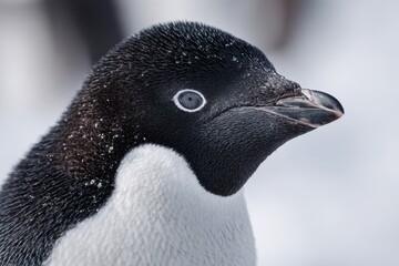 Naklejka premium Close up portrait of Adelie penguin at Brown B showcasing its distinctive features in a snowy environment during daylight