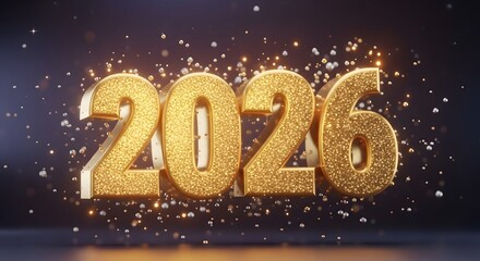 3D Glittering Gold 2026 Text Surrounded by Sparkles on Dark Background &mdash; New Year Celebration Design