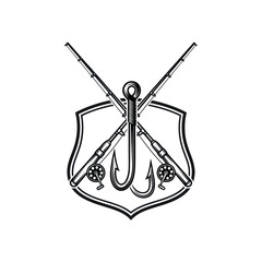 Classic fishing emblem with crossed rods and hook.