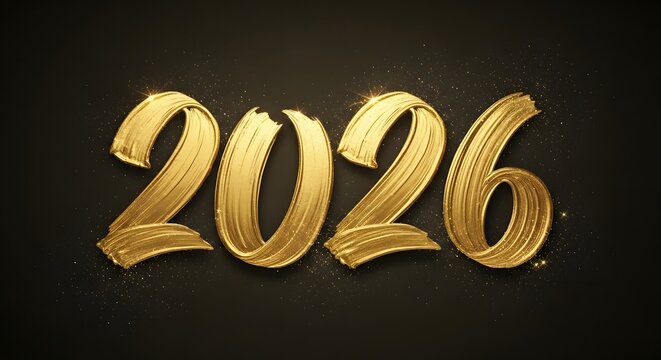 2026 Written in Bold Gold Brushstroke Style on Dark Background — Luxury New Year Celebration Graphic