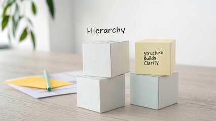 Building Blocks of Hierarchy with Clarity Message on Sticky Note in Office Environment
