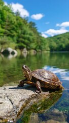 Fototapeta premium A turtle basks on a rock overlooking a serene lake, surrounded by lush green foliage under a clear blue sky.