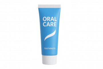 Oral care toothpaste tube showing product branding for dental hygiene, health, and fresh breath, transparent background