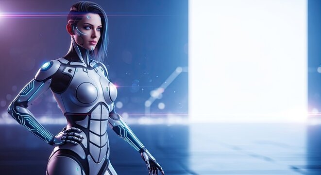 A futuristic female android in a sleek, metallic suit with glowing blue accents stands in a spacious, high-tech environment with a glowing, futuristic background. - Powered by Adobe