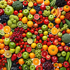 Colorful assortment of fresh fruits and vegetables arranged beautifully
