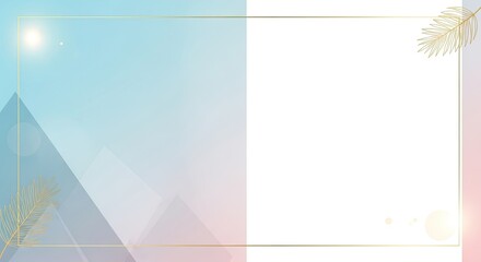 A blue and pink gradient background with a golden frame and palm leaves.