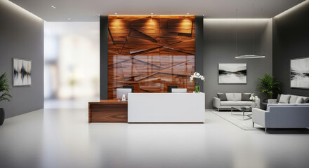 A modern office reception area with a sleek white desk and wooden accents.