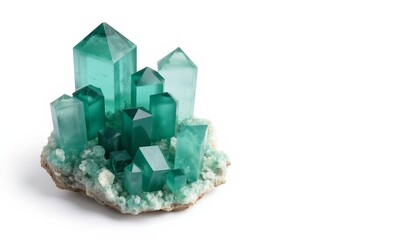 Green crystal cluster with various geometric shapes on white background  