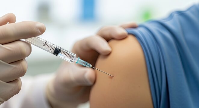 A person receiving a vaccine injection from a healthcare professional. - Powered by Adobe