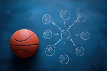 Basketball sits next to a chalkboard displaying strategic play designs for a team practice session in a gym on a sunny afternoon