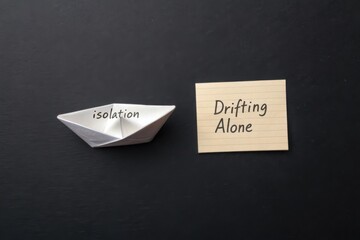 Paper Boat Symbolizing Isolation and Drifting Alone on a Dark Surface with a Note in Handwritten Font
