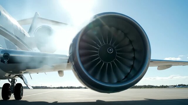 Close up of a jet engine on a private airplane on the runway.