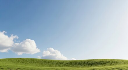 Obraz premium A serene green meadow under a clear blue sky with fluffy white clouds.