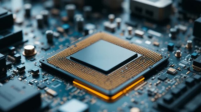 A macro close-up of a green electronic circuit board reveals complex computer chip technology and hardware components