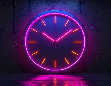 Neon clock on dark, textured wall