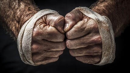 Powerful clenched fists with intense focused mood symbolizing strength and discipline, for boxing training promotions, fitness motivation posters, sports club advertising, workout programs, and athlet