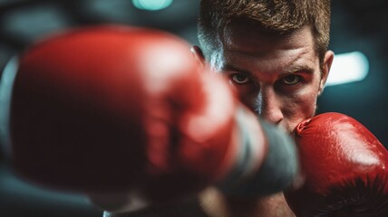 Focused male boxer punching toward camera during training indoors