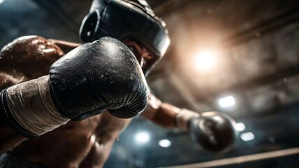 Dynamic boxing training punch in ring for cardio boxing workout concept 