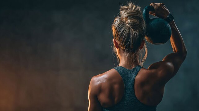 Woman in gym performing single-arm kettlebell overhead press, focused mood, strength training against dark studio backdrop with copy space - Powered by Adobe