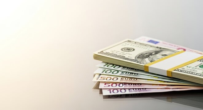 A stack of US dollar and Euro banknotes on a reflective surface.