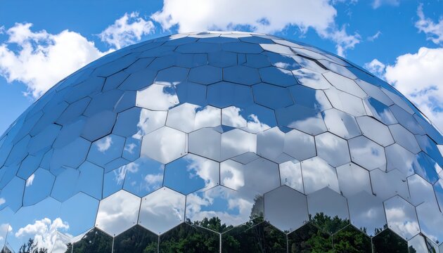 The reflective surface of a modern, geodesic dome structure, captures the azure sky and puffy white clouds, creating a stunning visual illusion with its hexagonal panels and mirrored effect,...