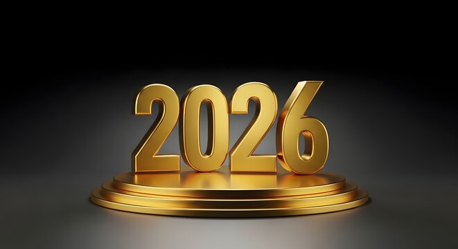 Golden 3d rendering of the year 2026 on a pedestal