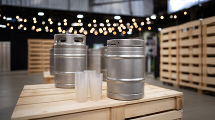 Aluminum Draft Beer Barrels and Drinking Glasses for Party Supply in Industrial Setting