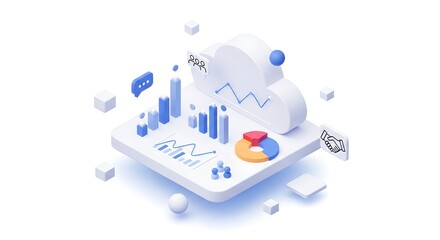 Abstract 3d isometric scene with blue charts graphs cubes and spheres for data analysis and business growth concepts