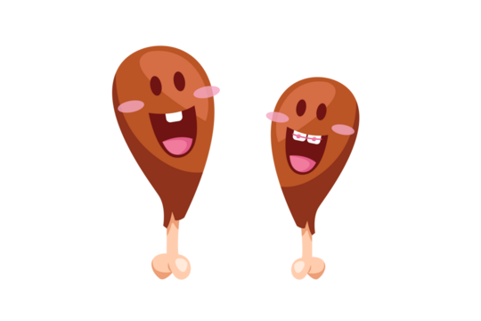 Two Cartoon Chicken Legs with Faces and Pink Cheeks on Transparent Background