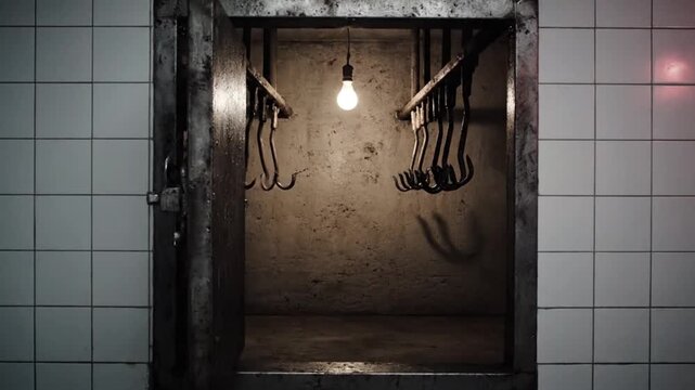 Creepy Old Meat Locker Door Opens Revealing Hooks.
