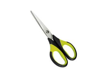 Sharp metal scissors with yellow and black handles isolated on transparent background