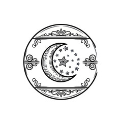 Vintage hand drawn crescent moon and stars in a decorative circular frame.