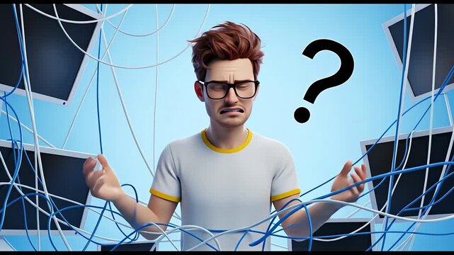 Confused Man in White Shirt with Question Mark Surrounded by Computer Screens and Blue Cables on Gradient Blue Background