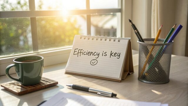 Inspirational workspace with a note stating efficiency is key, a cup of coffee, and stationery on a sunlit desk - Powered by Adobe