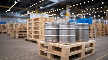 Three Aluminum Beer Kegs on Wooden Pallet in Large Warehouse with String Lights
