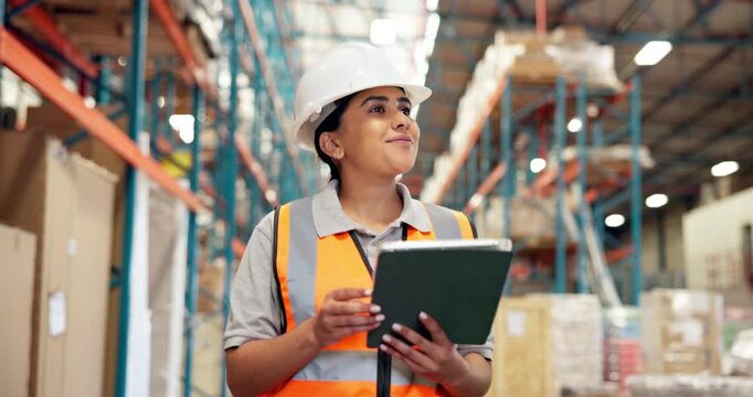 Woman, tablet and inspection at plant for logistics, inventory management and online supply chain log. Industrial engineer, typing and tech for digital checklist for quality assurance at warehouse