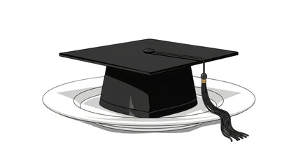graduation cap with a tassel rests on a white dinner plate, symbolizing education and academic achievement.