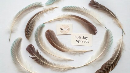 Soft and Delicate Feathers Arranged Elegantly with Gentle Text Phrases on White Background for Calm and Peaceful Vibes