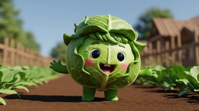 Adorable Cabbage Character Smiling in a Lush Vegetable Garden with Rows of Crops and a Wooden Fence Under a Clear Blue Sky Daytime