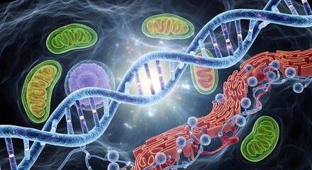 Intricate dna helix strands intertwined with vibrant mitochondria and cellular structures in a microscopic universe of genetic research and biotechnology