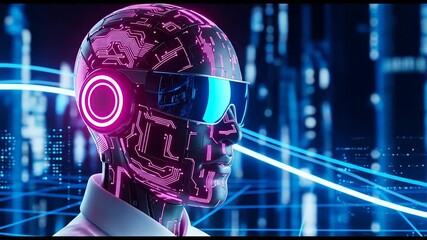 Futuristic Profile of Android Head with Neon Pink Circuitry and Teal VR Headset on Dark Blue Technological Background Digital Art - Powered by Adobe