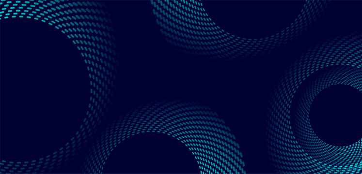 Glowing blue circular and spiral dotted lines abstract tech geometric background. Vector futuristic minimal banner design