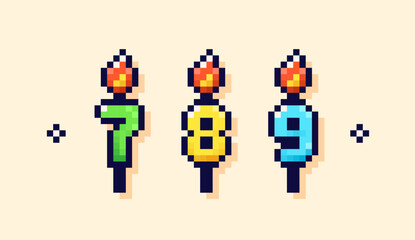 Pixel art birthday cake candles. Numbers from 7 to 9.