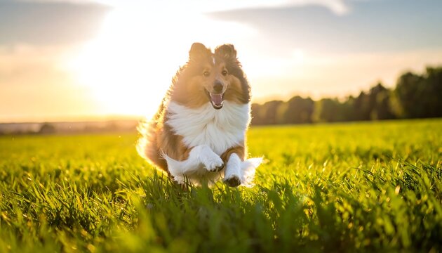 Sheltie dog runs across a grassy field during sunset