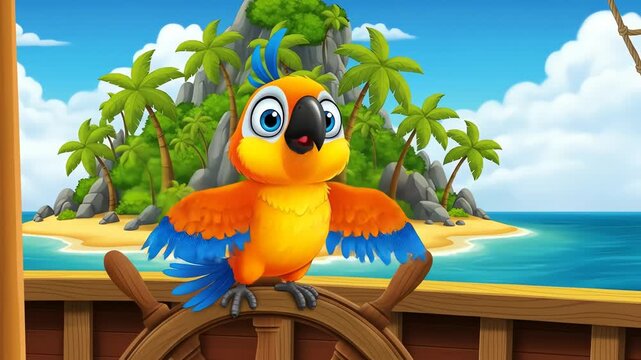 Cheerful Orange Parrot with Blue Feathers at Ship Wheel against a Tropical Island Backdrop on a Sunny Day Cartoon Style Illustration