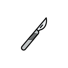 A simple vector icon depicting a sharp surgical scalpel with a grey handle and a curved blade.